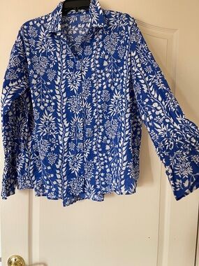 Mango Blue and White Floral Button-Down Shirt